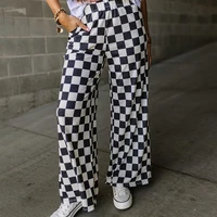 Womens Checkered Wide Leg Pants Vintage High Elastic Waist Straight Loose Fit Lounge Trouser Teen Girl Harajuku Streetwear 1