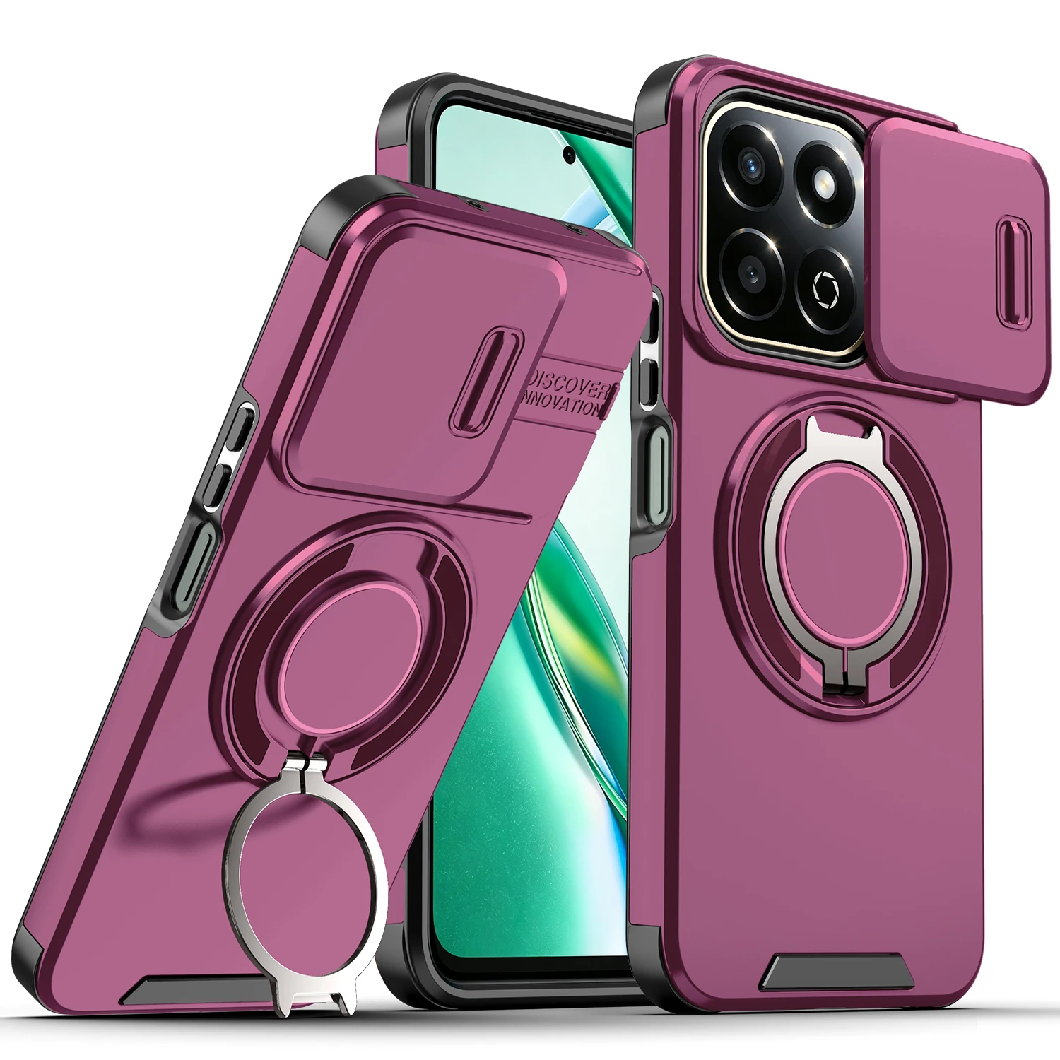 Magnetic Metal Ring Stand Armor Case with Slide Window Lens Protection