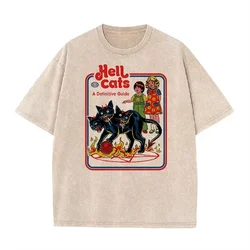 Purple Acid Wash Hell Cats Retro Graphic Streetwear Tee - XXL (Beige)