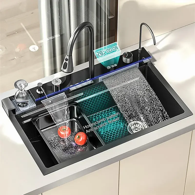 Stainless Steel Large Single Sink Kitchen Waterfall Digital Display Honeycomb Embossed Wash Basin Countertop 2
