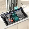 Stainless Steel Large Single Sink Kitchen Waterfall Digital Display Honeycomb Embossed Wash Basin Countertop 2