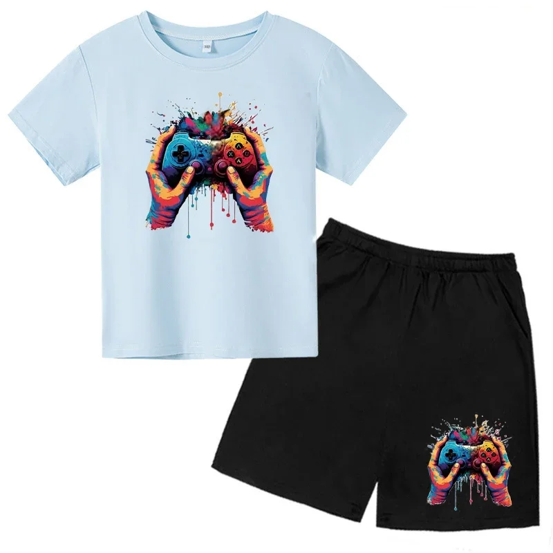 thumbnail image 1 of Conjunto de camiseta y pantalones cortos con estampado de máquina de juego de arte de grafiti para niños, moda de verano, informal, de manga corta, para niños y niñas, 1 of 5