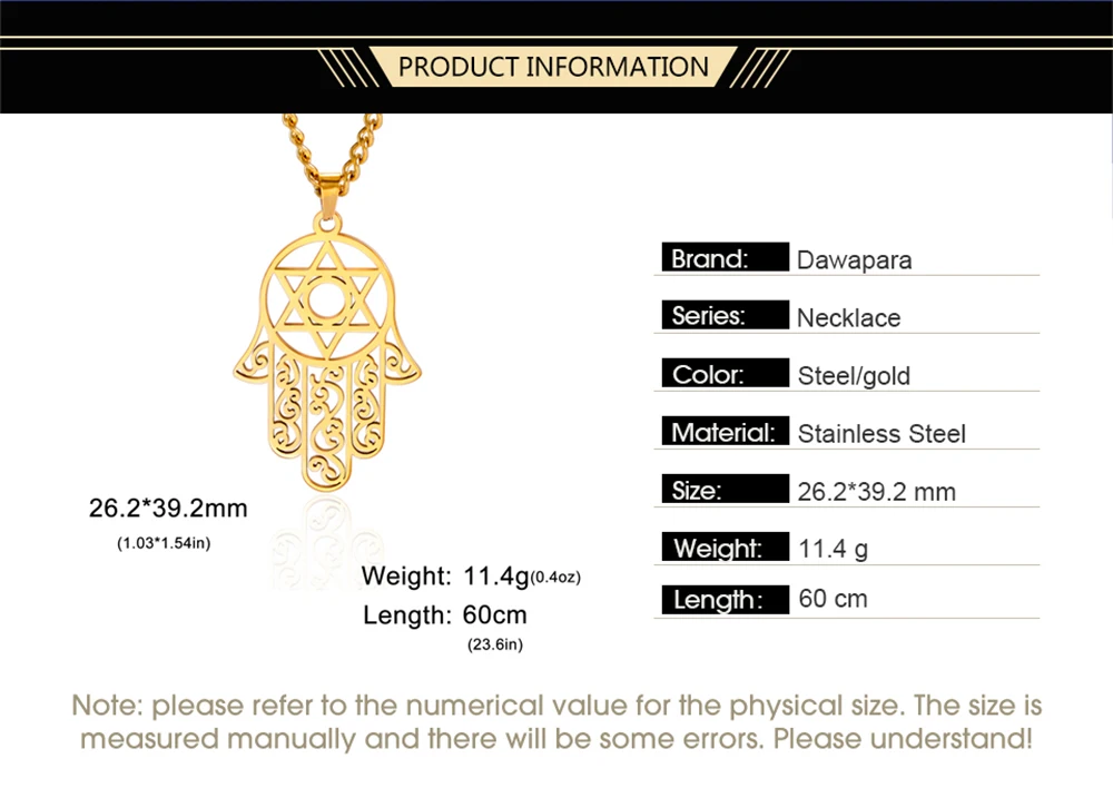 Dawapara Vintage filigrane Hamsa Hand von Fatima Stern von David Hexagramm Halskette viel Glück Erfolg Amulett Schmuck Edelstahl – Detail 4