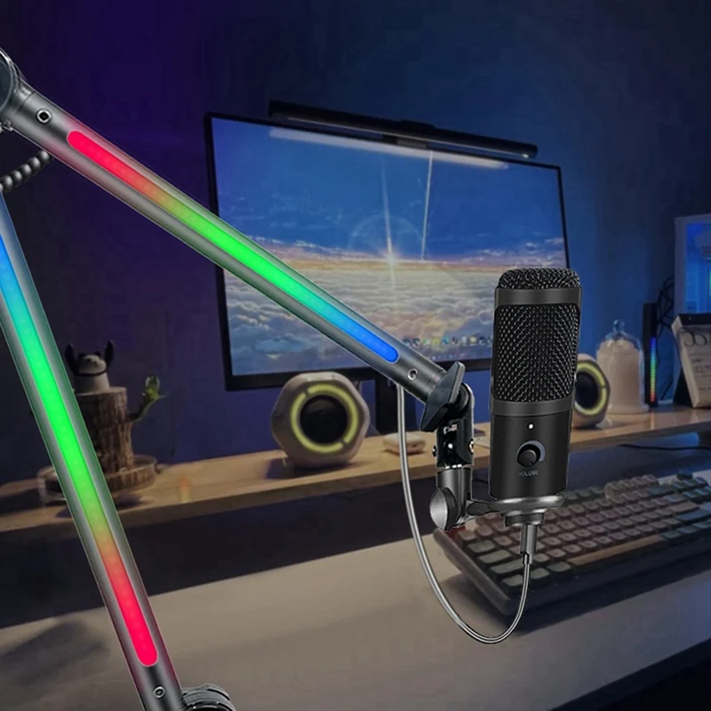 RGB 마이크 암 스탠드, RGB 조명이 있는 마이크 암, 게임 스트리밍용 회전식 서스펜션 붐 시저 스탠드 B-A25R