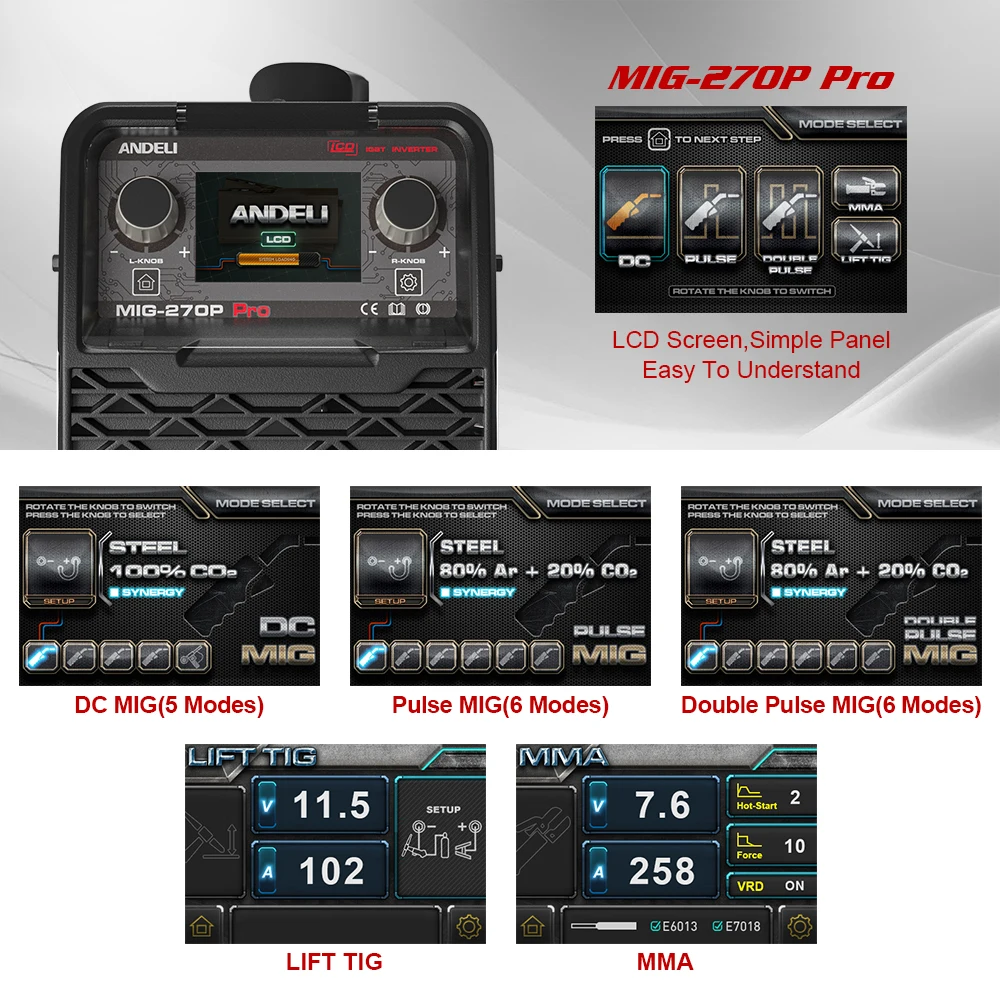 ANDELI USA ONLY 220V LCD Screen Double Pulse MIG Lift TIG MMA Spool Semi-automatic Aluminum MIG Welding Machine