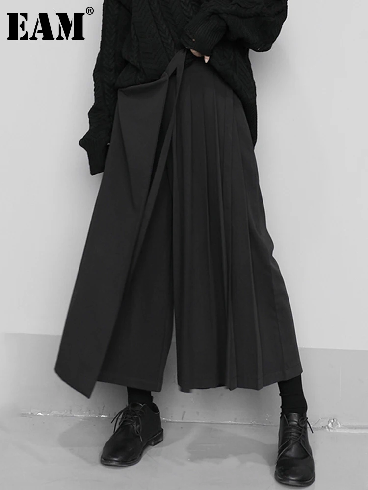 EAM-High-Elastic-Waist-Black-Pleated-Split-Wide-Leg-Trousers-New-Loose ...