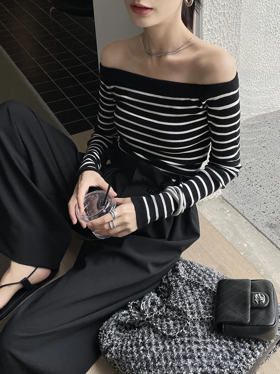 

Spring Autumn Women Tops Fashion Slash Neck Off Shoulder Versatile Striped Long Sleeve Simple Elegant Office Lady Knit Pullover