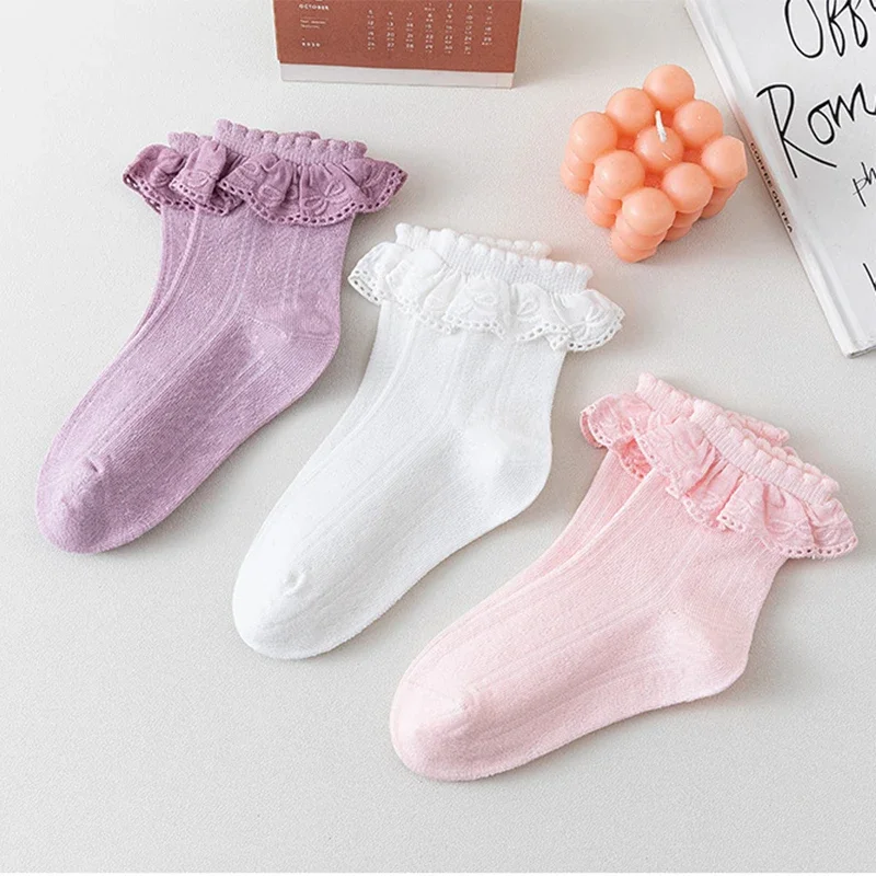 3Pairs/set Kids Girls Cotton Lace Princess Ruffle White Pink Ankle Short Socks for 0-8T Baby Spring Autumn Frilly Children Socks