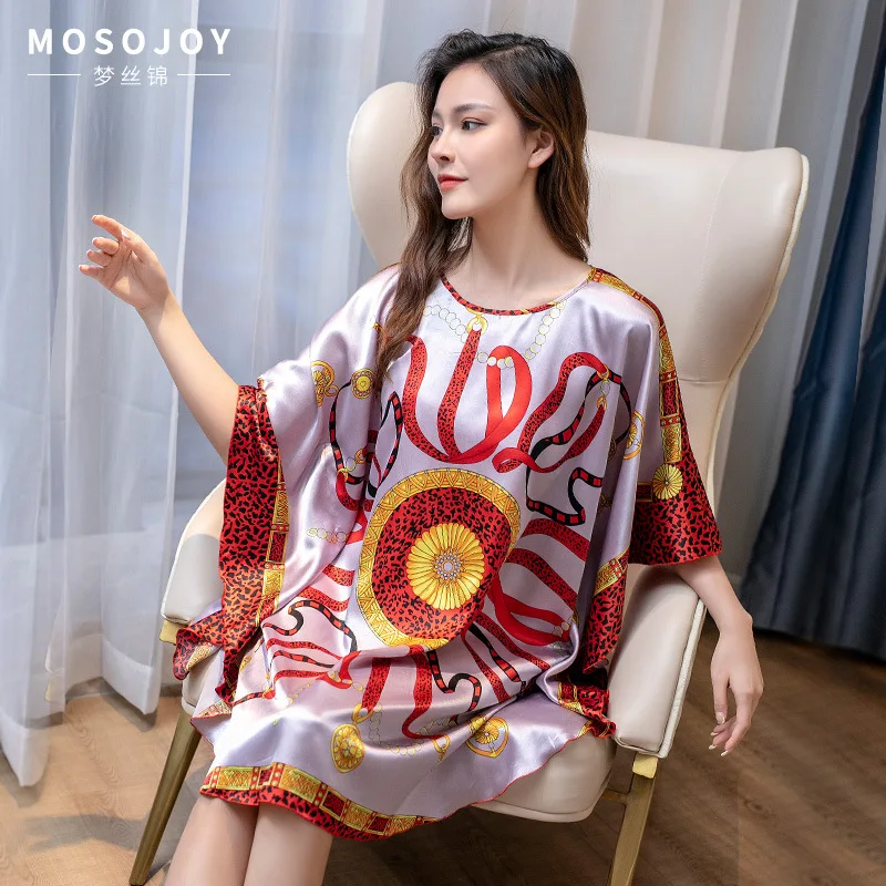 Lake Blue Chinese Women Silk Rayon Robe Dress Sexy Summer Printed Floral Nightwear Kimono Bath Gown Flowers One Size
