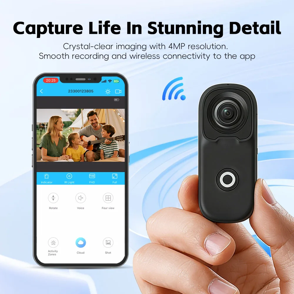 Vlogueur utilisant une caméra d'action 4K Ultra HD avec WiFi en selfie, fond de paysage urbain.