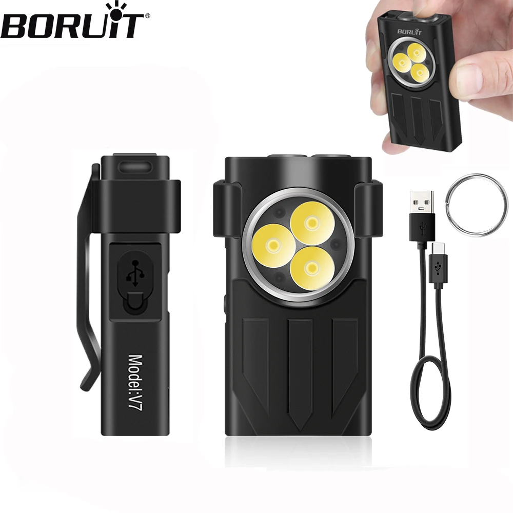 Boruit V7 Mini Led Flashlight Portable Keychain Torch 10 Modes Typec