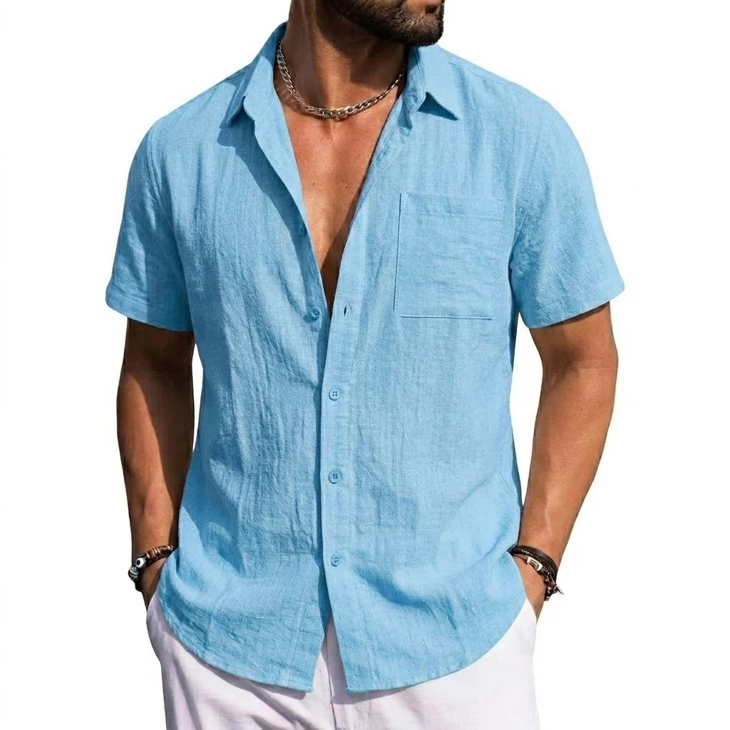 Short Sleeve Linen Shirts Premium Button-Down Beach Wedding Breathable 5