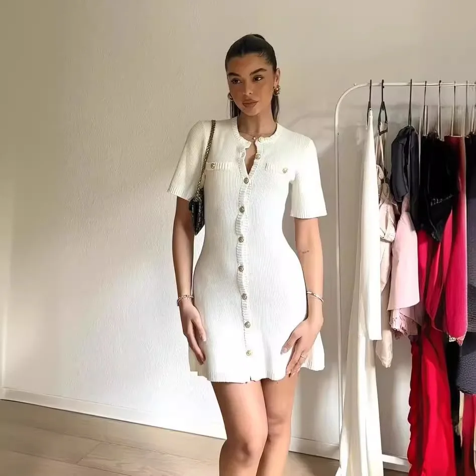 Solid Color Elegant Knitted Mini Dress For Women Metal Button Sexy Slim Rib Sweater Dress Holiday Party Outfits Spring 2025 New 6 Solid Color Elegant Knitted Mini Dress For Women Metal Button Sexy Slim Rib Sweater Dress Holiday Party Outfits Spring 2025 New