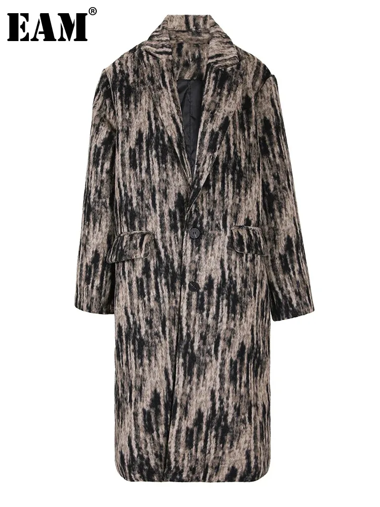 

[EAM] Loose Fit Brown Printed Big Size Woolen Coat New Lapel Long Sleeve Women Jacket Fashion Tide Autumn Winter 2024 CPG0996