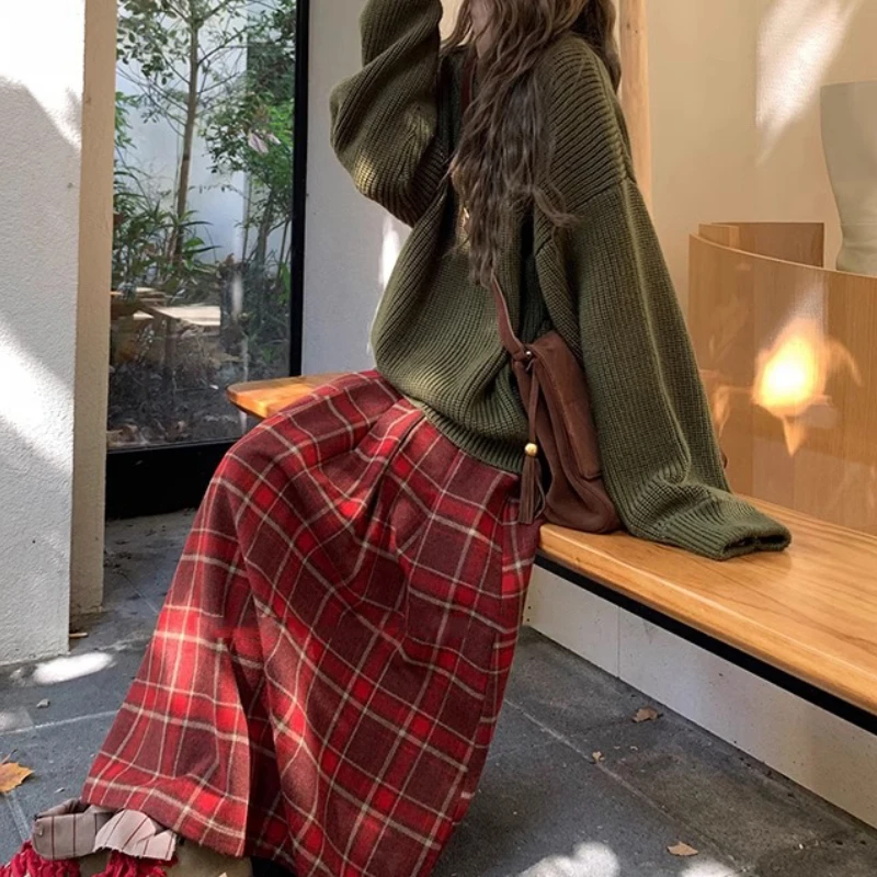 Autumn Winter Maternity Long Loose Plaid Maxi Skirt High Waist Pregnant Woman Woolen Pleated Skirt Large Hem Umbrella 95cm
