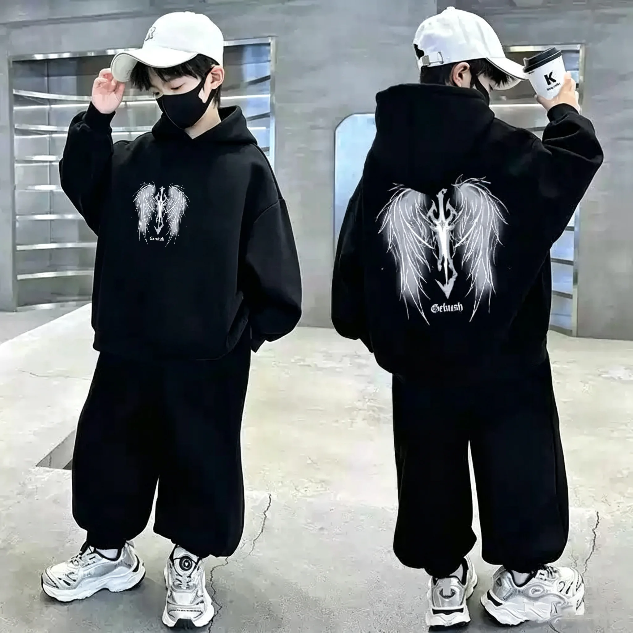 Boys Hoodie Streetwear Angel Wings Trident Print Kids Loose Hooded Sweatshirt Casual Teen Pullover - 2