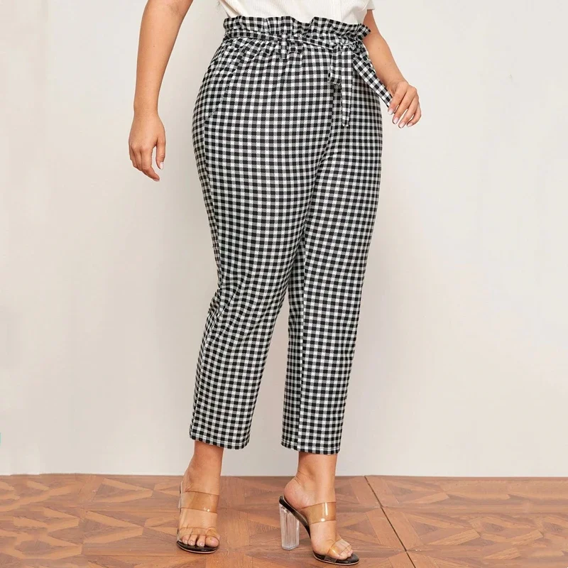 

Plus Size Paperbag Waist Summer Elegant Gingham Pants Elastic Waist Pocket Side Ankle Length Pants Casual Plaid Pencil Pants 6XL