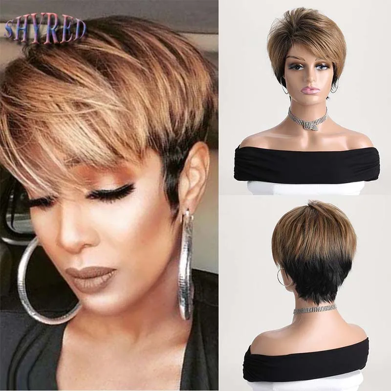 Synthetic Short Curly Pixie Cut Wig For Black Women Black Mixed Light Brown Hair Wig With Side Bangs