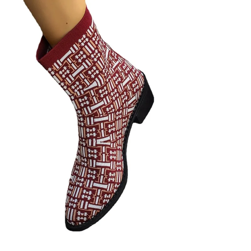 Ladies Shoes 2023 High Quality Slip on Women's Boots Autumn Round Toe Mixed Colors Short Barrel Mid Heel Large Size Naked Boots