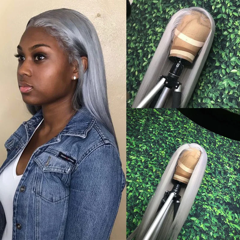 

26 inch Ash Gray Straight HD Lace Mixed Human Hair Blend Synthetic Wig Pre Plucked With Baby Hair 13x4 Lace Front Wig For Women