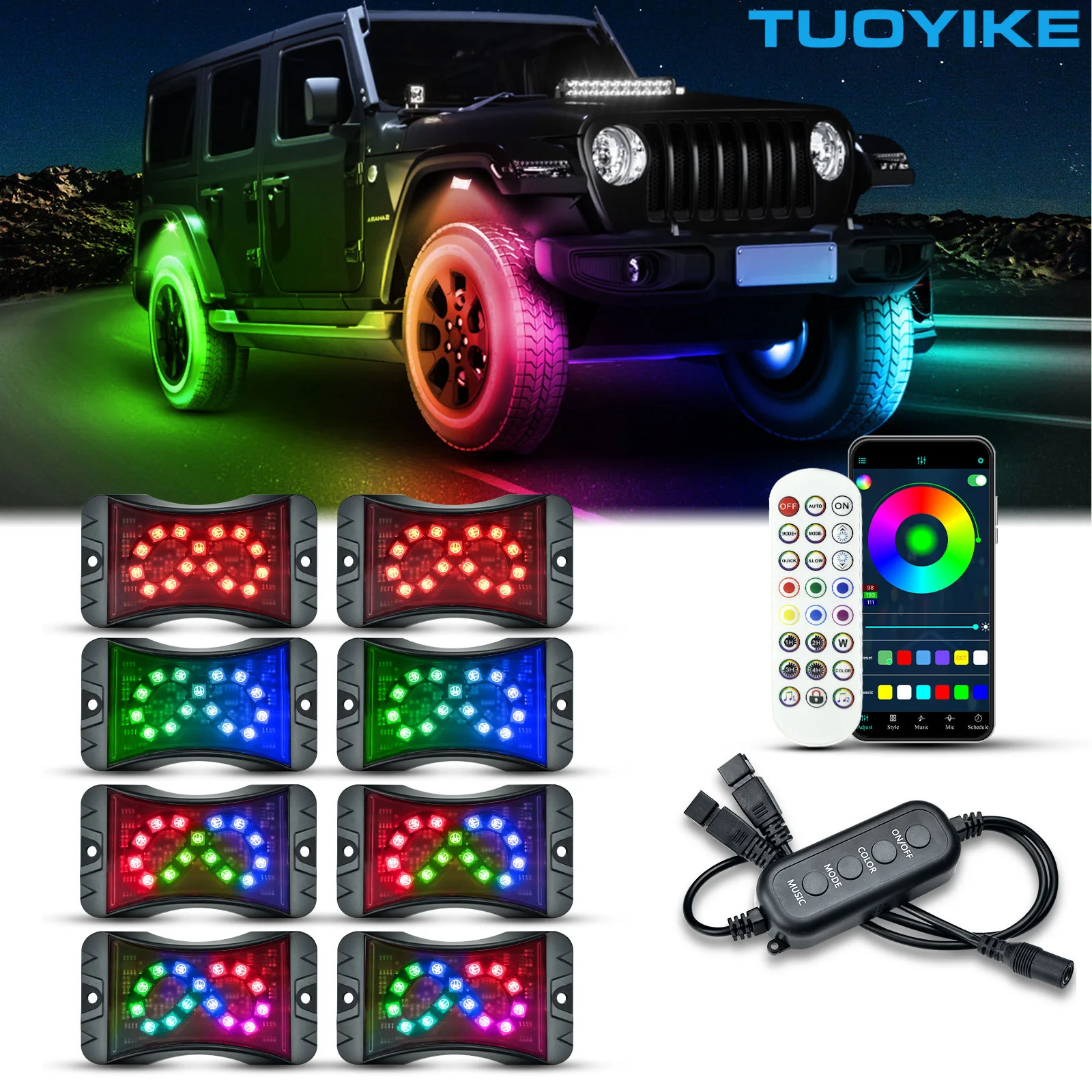 

4 6 8 10 12 16 Pods RGB LED Rock Light Kit Symphony Moving Ambient Underglow Neon Music Lamps Bluetooth App Decoration Underbody