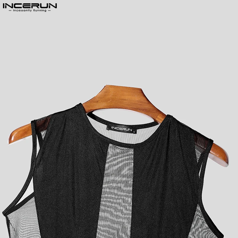 INCERUN American Style Sexy Bodysuits Men's See-through Patchwork Mesh Jumpsuit Stylish Casual Thin Homewear Sleeveless Jumpsuit Men Bodysuits Men Jumpsuits