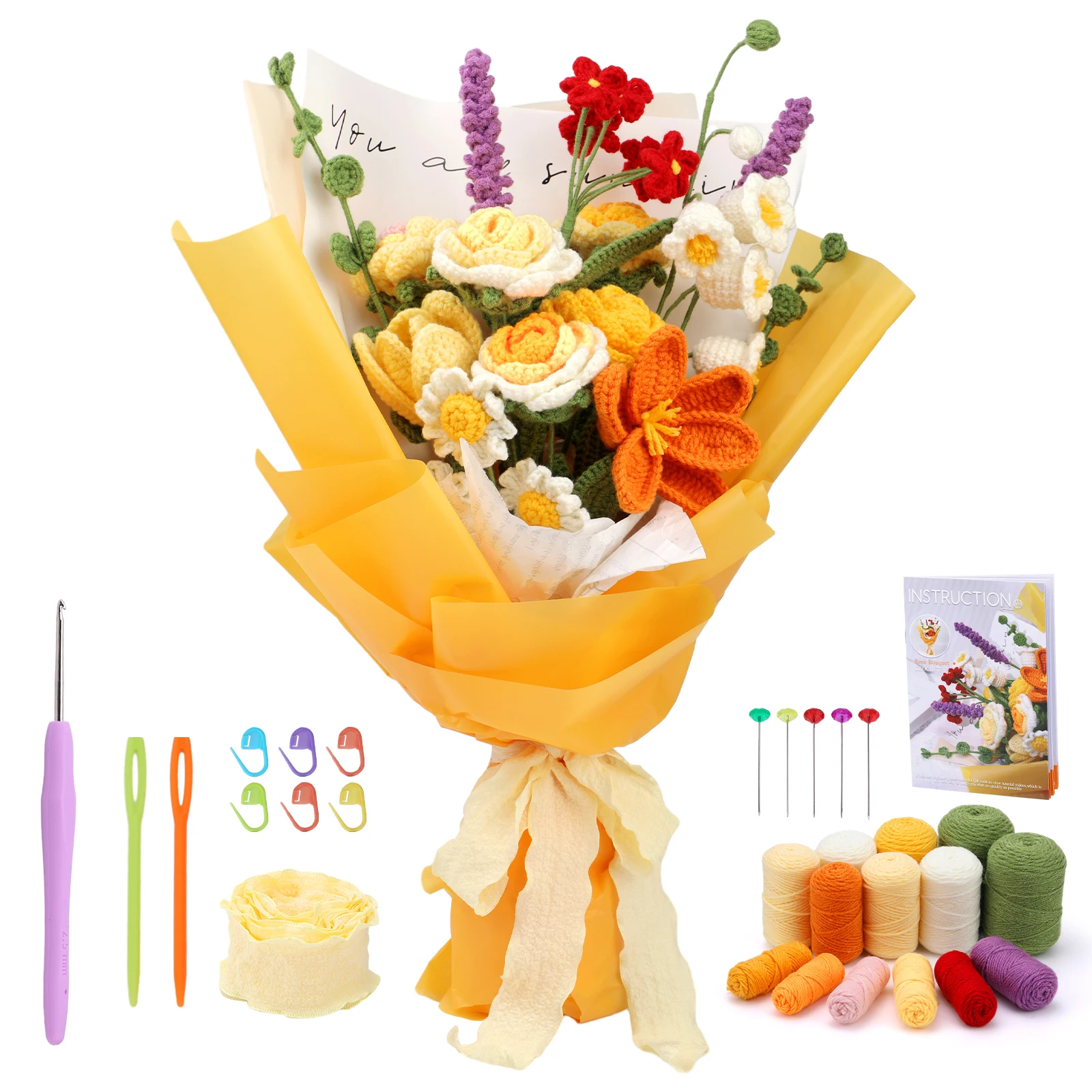 Rose Flowers Bouquet Crochet Kit Crochet Kit for Beginners Step-by-Step Instructions for Anniversary Day Gift crochet kit