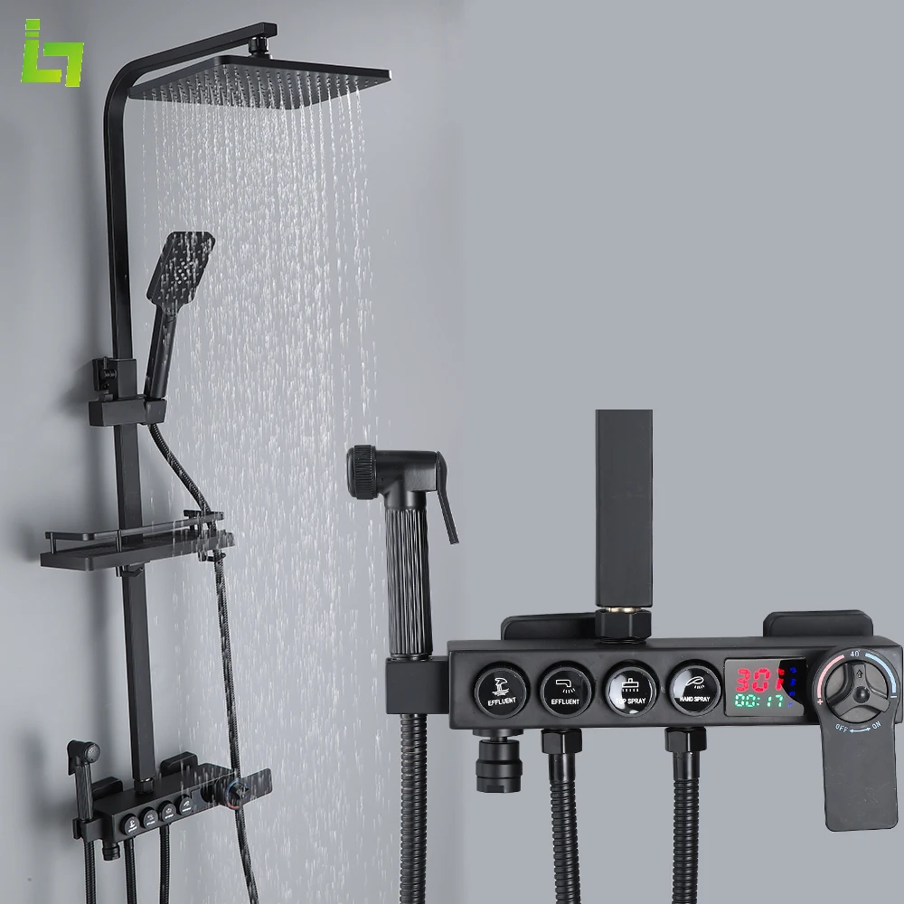 

Black Display Thermostatic Shower Faucet Set Rainfall Bathtub Tap With Bathroom Shelf Water Flow Produces Electricity