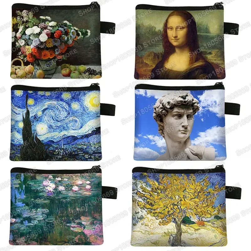 Oil Paint Mona Lisa Coin Purse Water Lily Ladies Wallet Money Coin Bag Starry Night David Handbag Girl Purse Keychain Holder Bag