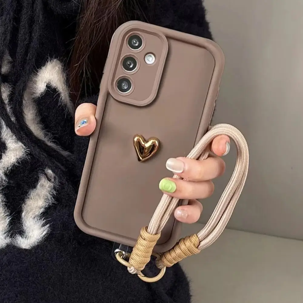3D Gold Heart Silicone Phone Case with Lanyard - Soft Cover