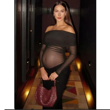 Sheer Lace Maternity Dress, Off Shoulder Long Sleeve Bodycon Maxi Gown for Pregnancy Photoshoot and Baby Shower