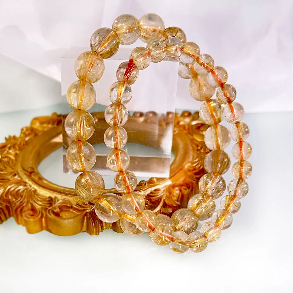 

Natural Brazil Gold Rutilated Quartz Woman Man Titanium Wealthy Beads Bracelet 5mm 8mm Jewelry Bangle AAAAAA Healing Stone