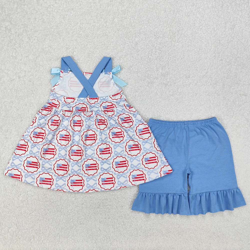 Hot Sale Baby Girls Dress Blue Bows Flag Knee Length Dresses July 4th Boutique Toddler Girls Dress Summer Kids Clothing