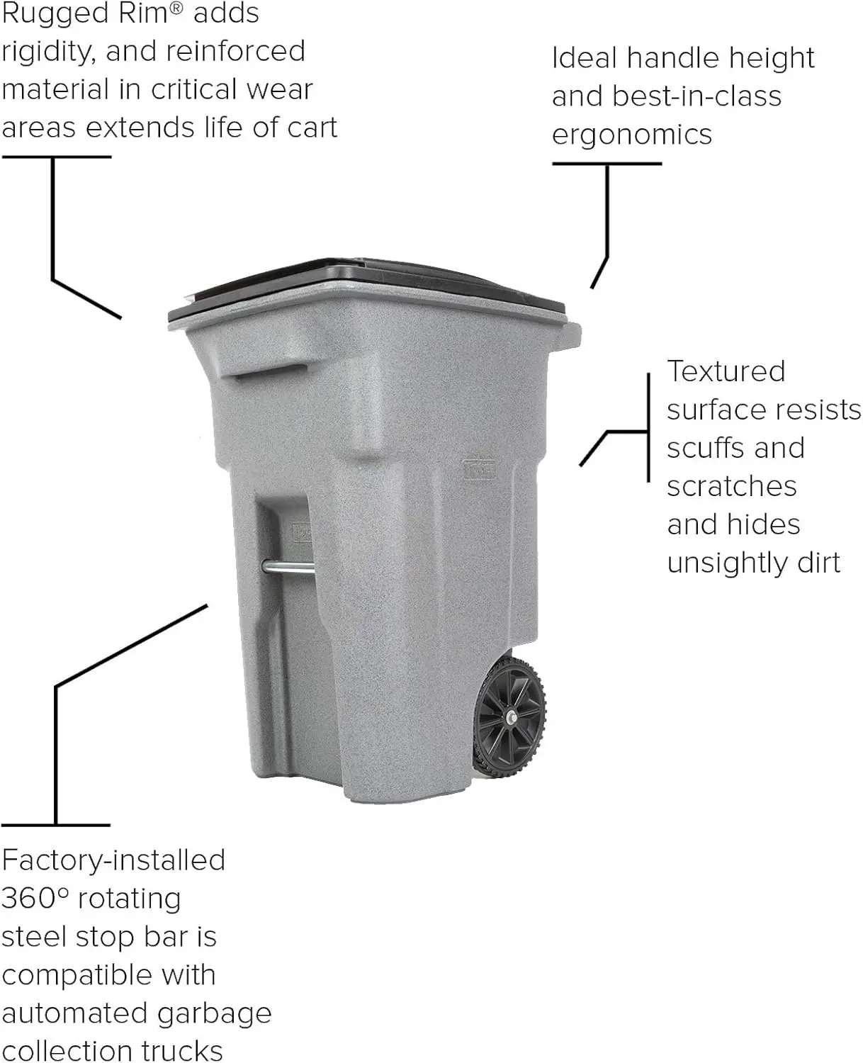 25564-R1209 Residential Heavy Duty Two Wheeled Trash Can, Blackstone, 64 Gallon