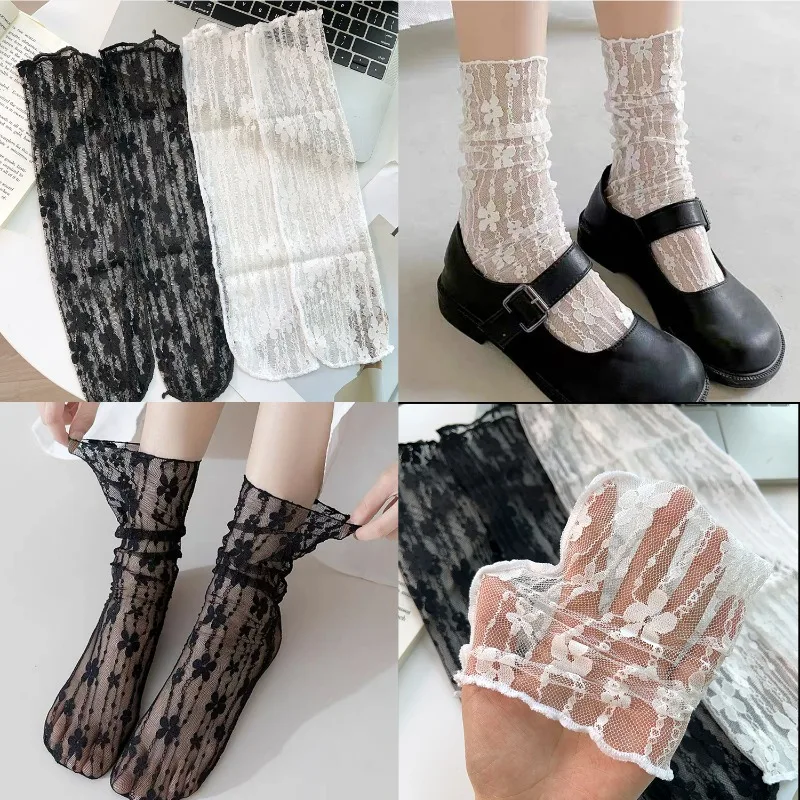 Women Lolita Ultra-thin Transparent Floral Lace Socks Japanese Style Harajuku Sweet Middle Tube Socks Hollow Mesh Crew Socks