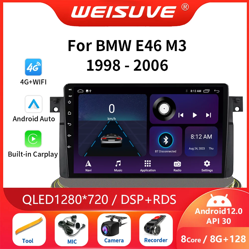 2Din Android12 Per Bmw E46 M3 318/320/325/330/335 1998-2006 Autoradio Lettore Video Multimediale Carplay Navigazione Gps Automatica