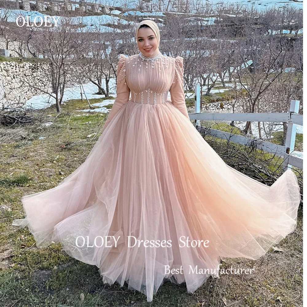 

OLOEY Muslim Dubai Arabic Women Evening Dresses Dusty Tulle Pearls Crystal High Neck Modest Formal Prom Gowns Bride Dress