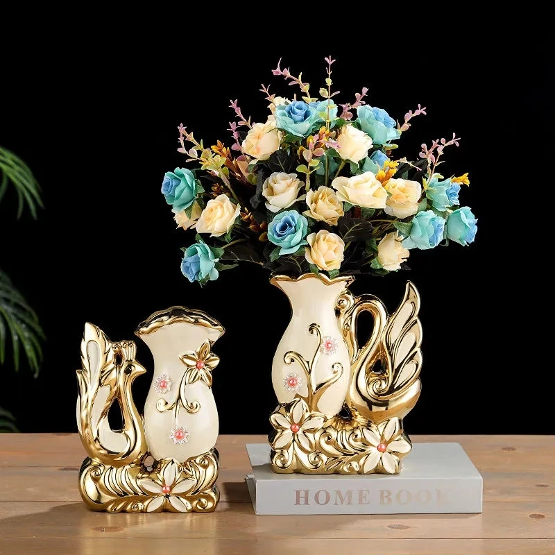

A Pair Ceramic Gold Vase Arrangement Dining Table Home Decoration Accessories Creative Swan Lovers Vases
