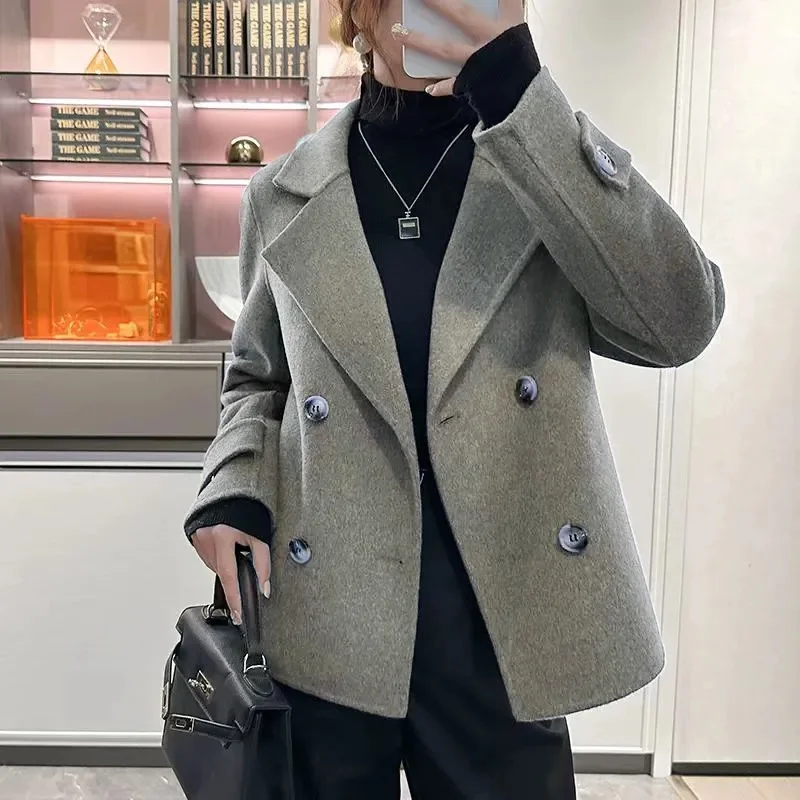 Vintage Women Dark Woolen Coat Autumn Ladies Single Breasted Loose Casual Coat Girls Chic Outwear