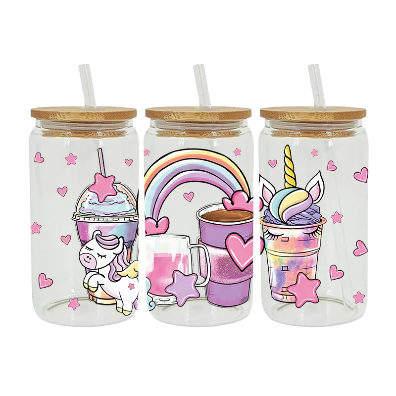 UV DTF Transfer Sticker Watercolor Unicorn Kid Life Rainbow Printed For 16oz Libbey Glasses Can Wraps D5359