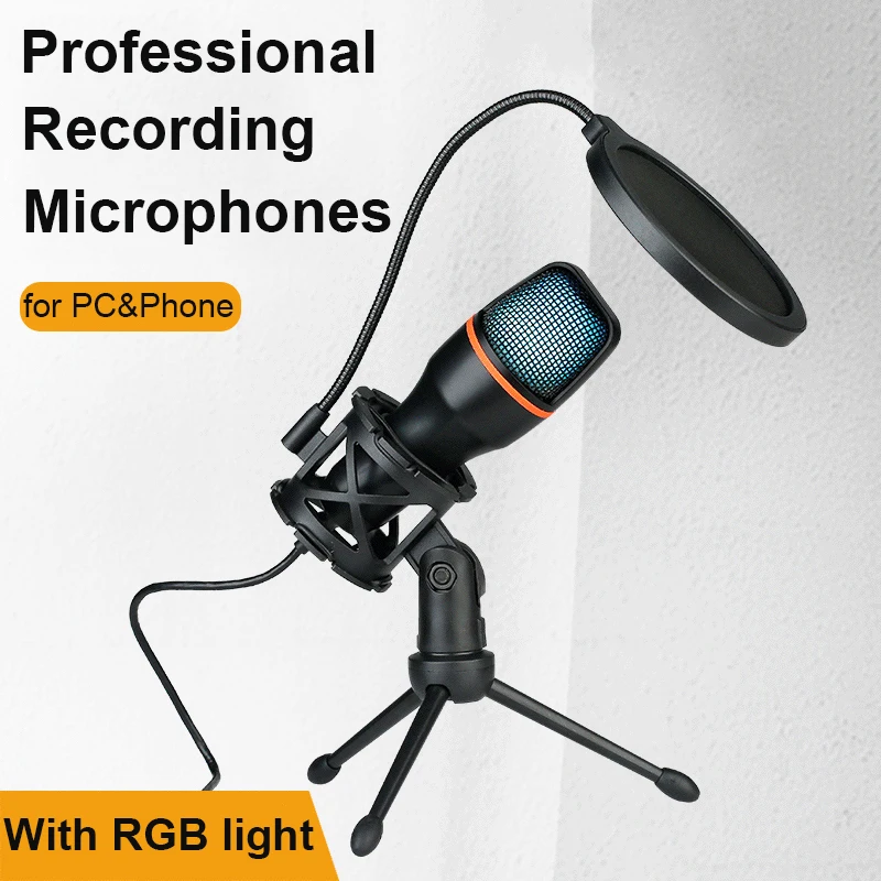 

RGB Condenser Microphone Wired Desktop Tripod USB MIC For Recording Live Gaming Video Noise Reduction Conference Microphone