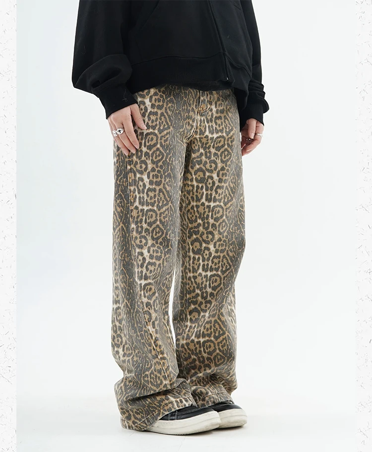 

KUCLUT Tan Leopard Jeans Women Denim Pants Female Oversize Wide Leg Trousers Streetwear Hip Hop Vintage Clothes Loose Casual A9