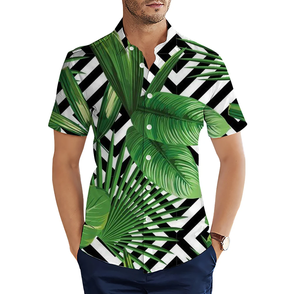 

HX Hawaiian Beach Shirts Fashion Polynesia Leaf Striped Splicing Casual Shirt Tops Ropa Hombre Men Clothing Dropshipping