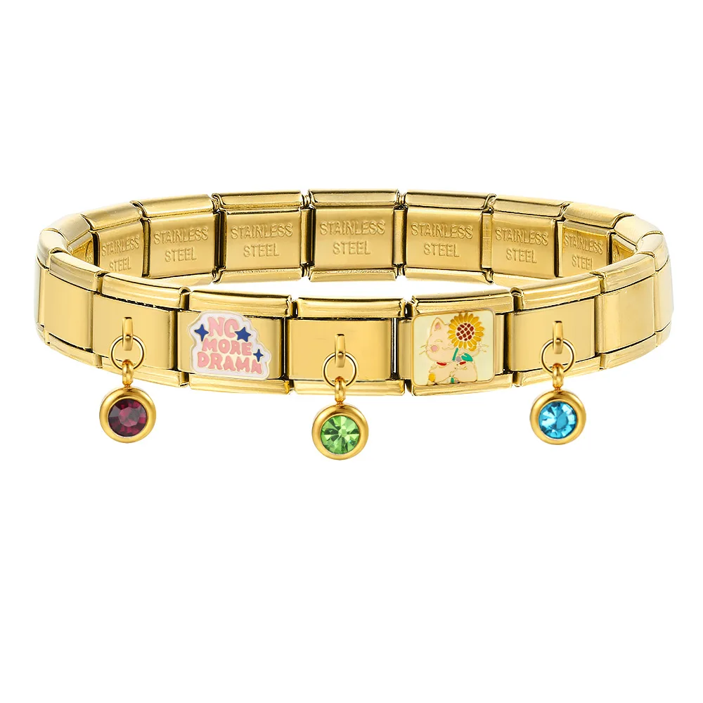 Großhandel Elastic Charm Link Fit 9mm Gold Farbe Anhänger Geburtstag Stein Schmuck Machen DIY Edelstahl Armband Zubehör – Detail 2