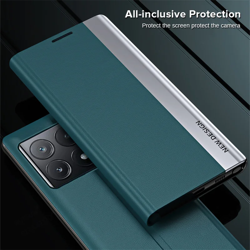 Luxury Leather Flip Stand Phone Case with Kickstand and Plating Finish