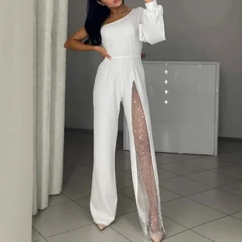 2025 European and American new _ autumn and winter fashion sexy slanted shoulder high slit women's jumpsuit