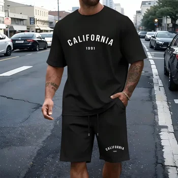 Completo Sportivo da Uomo 2026: T-Shirt e Pantaloncini Stampati, Casual, Girocollo, Maniche Corte, per Jogging e Attività all'Aperto, Estivo, Stile Streetwear