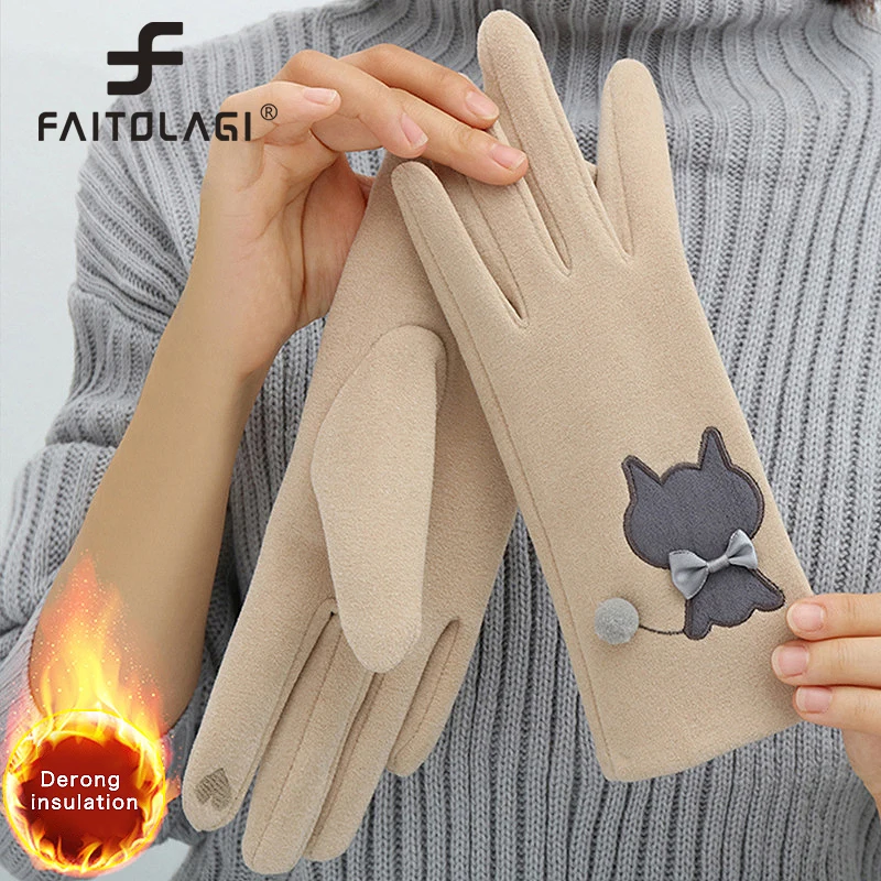 

Winter Warm Women Gloves Thick Velvet Screen Glove Ladies Full Finger Mittens Bow Female Cycling Cold Proof Gloves 장갑