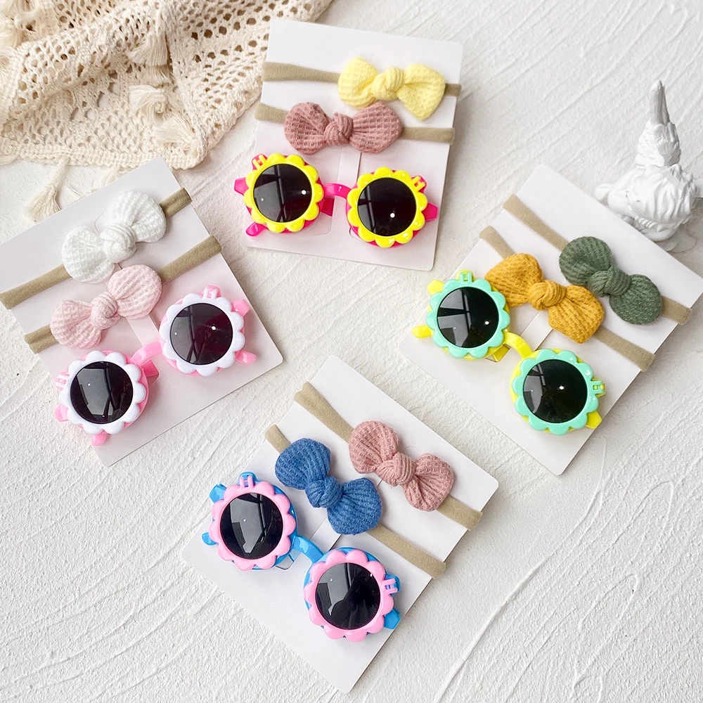 3Pcs/Lot Newborn Beach Photography Baby Headband Cute Sunglasses Set Kids Headwear Girls Hair Accessories Props Toddler Headwear dvotinst newborn baby photography props cute animal crochet dinosaur hat doll wrap 3pcs accessorio studio shooting photo props