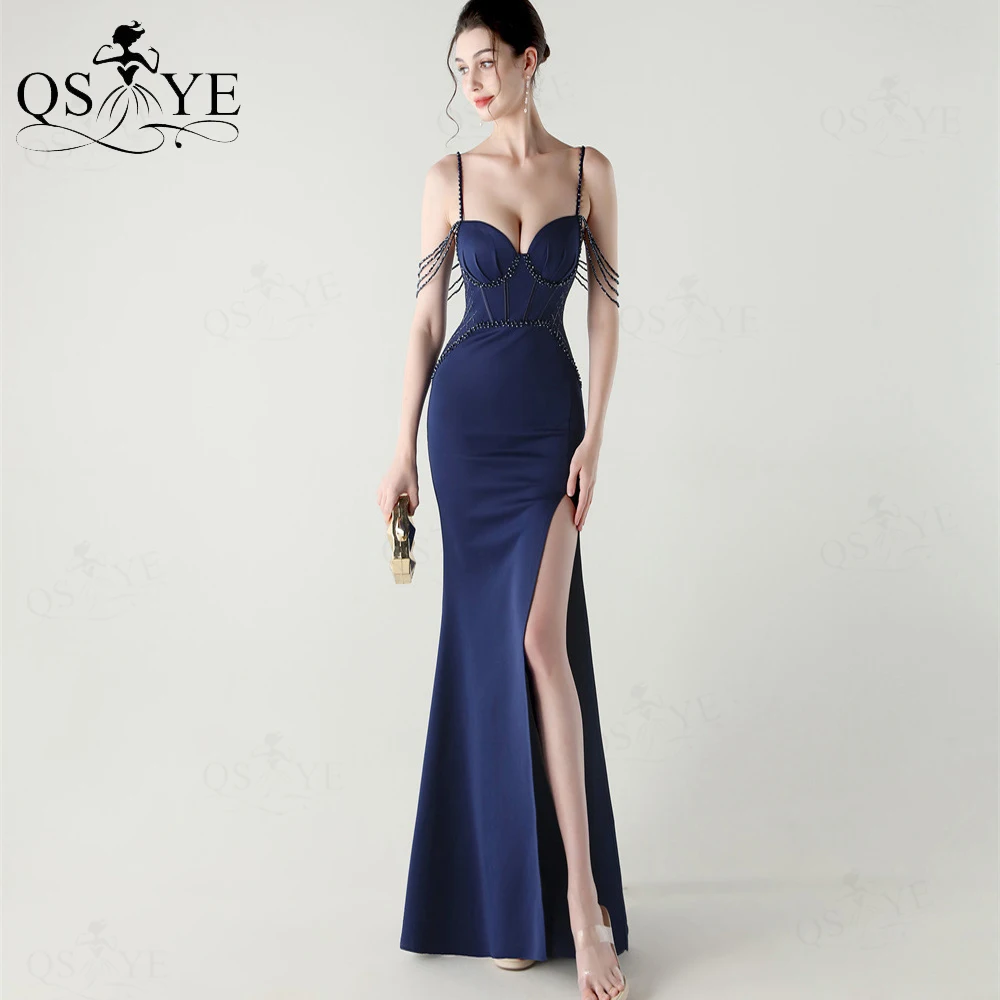 Luxry Beaded Royal Blue Prom Dresses Boned Corset Stretch Satin Evening  Dress Spaghetti Straps Mermaid Woman Formal Dress Slit - AliExpress 320